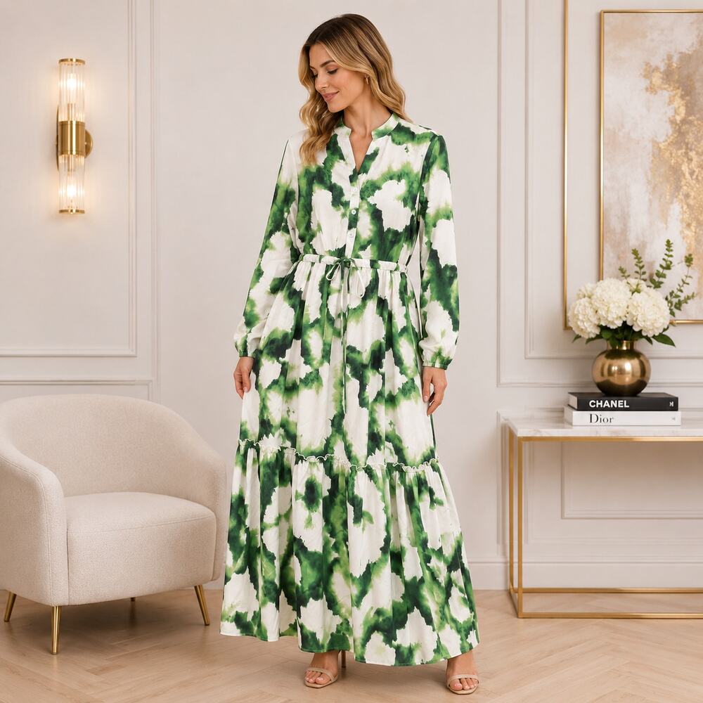 Women's Green + White Abstract Maxi Dress Size Large